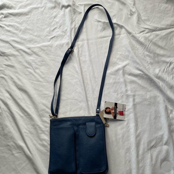 Mundi Pockets Plus Crossbody Bag with SafeKeeper in Navy Blue Vegan Leather - Picture 9 of 13